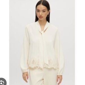 Joie Cream Long Neck Tie Blouse with Delicate Lace Trim